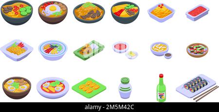 Set di icone della cucina coreana. Insieme isometrico di icone vettoriali della cucina coreana per il web design isolato su sfondo bianco Illustrazione Vettoriale