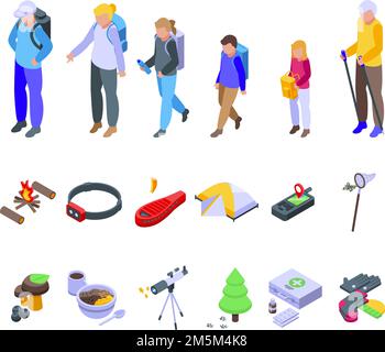 Viaggio in campeggio con icone bambini set isometrico vettore. Campo per bambini. Ragazzo scout Illustrazione Vettoriale