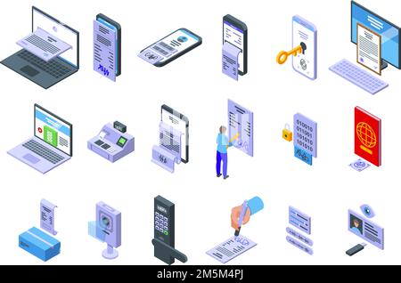 Le icone di identificazione della scrittura impostano il vettore isometrico. Approvazione accesso. Autenticazione biometrica Illustrazione Vettoriale
