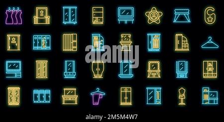 Set di icone della cabina. Contorno Set di icone vettoriali per spogliatoi colore neon su nero Illustrazione Vettoriale