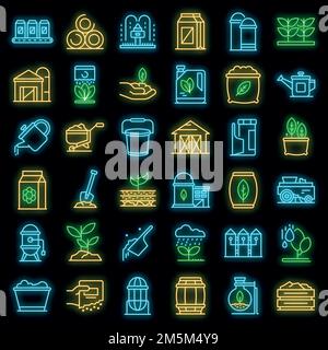 Set di icone fertilizzante. Contorno insieme di icone vettoriali fertilizzante colore neon su nero Illustrazione Vettoriale