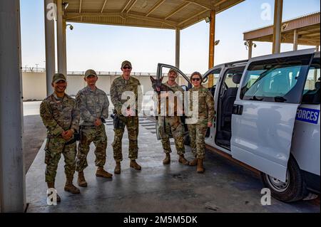 Il Capo Maestro Sergente dell'Aeronautica Joanne S. Bass posa con 380th forze di sicurezza esterne Squadron Airmen durante la sua visita alla base aerea di al Dhafra, Emirati Arabi Uniti, 24 marzo 2022. Durante la sua visita, Bass ha fatto un tour delle strutture, ha riconosciuto gli artisti migliori e si è rivolto agli Airmen della 380th Air Expeditionary Wing durante una chiamata generale. Foto Stock