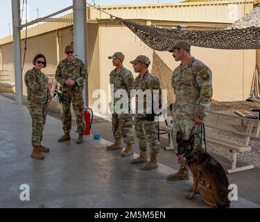 Il Capo Maestro Sergente dell'Aeronautica Joanne S. Bass parla con 380th Efrontionary Security Forces Squadron Airmen durante la sua visita alla base aerea di al Dhafra, Emirati Arabi Uniti, 24 marzo 2022. Durante la sua visita, Bass ha fatto un tour delle strutture, ha riconosciuto gli artisti migliori e si è rivolto agli Airmen della 380th Air Expeditionary Wing durante una chiamata generale. Foto Stock