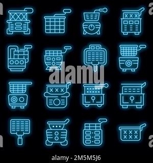 Set di icone per friggitrice. Contorno insieme di icone vettoriali per friggitrice profonda colore neon su nero Illustrazione Vettoriale