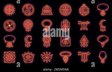 Set di icone amuleto. Contorno insieme di icone vettoriali amuleto colore neon su nero Illustrazione Vettoriale