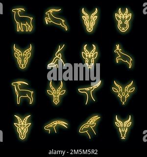 Set di icone gazzelle. Contorno insieme di icone vettoriali gazelle colore neon su nero Illustrazione Vettoriale