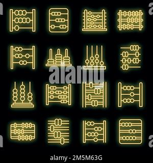 Set di icone Abacus. Contorno insieme di icone vettoriali abacus colore neon su nero Illustrazione Vettoriale