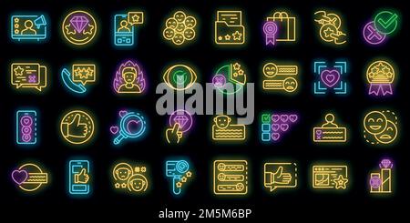 Set di icone di revisione del prodotto. Contorno insieme di icone vettoriali per la revisione del prodotto colore neon su nero Illustrazione Vettoriale