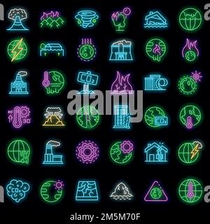 Set di icone di riscaldamento globale. Contorno insieme di icone vettoriali di riscaldamento globale colore neon su nero Illustrazione Vettoriale