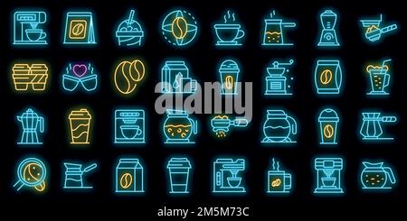 Set di icone per il caffè. Contorno insieme di icone vettoriali di caffè colore neon su nero Illustrazione Vettoriale