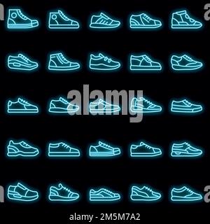 Set di icone sneakers. Outline Set di sneakers vettore icone colore neon su nero Illustrazione Vettoriale
