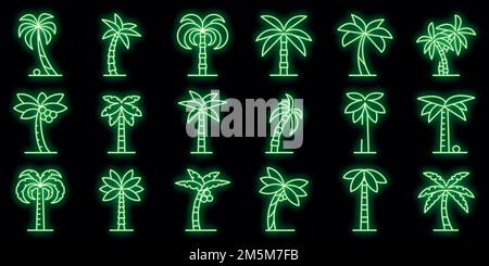 Set di icone Palm. Contorno insieme di icone vettoriali palmo colore neon su nero Illustrazione Vettoriale