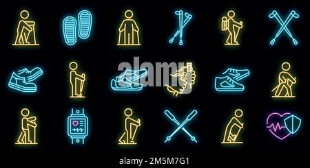 Set icone Nordic Walking. Contorno insieme di icone vettoriali nordiche colore neon su nero Illustrazione Vettoriale