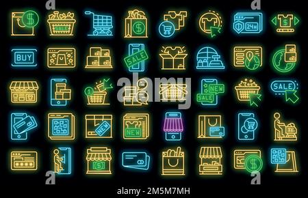 Set di icone per gli acquisti online. Contorno insieme di icone vettoriali online shopping colore neon su nero Illustrazione Vettoriale