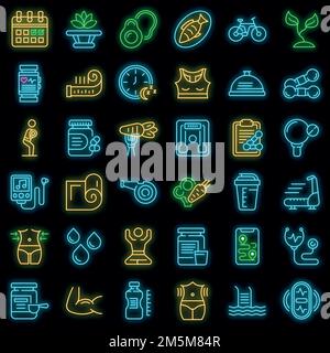 Set di icone per uno stile di vita sano. Contorno insieme di icone vettoriali stile di vita sano colore neon su nero Illustrazione Vettoriale