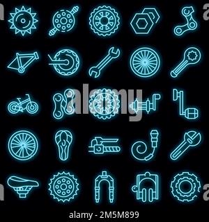 Icone di riparazione biciclette impostate. Contorno insieme di icone vettoriali di riparazione bicicletta colore neon su nero Illustrazione Vettoriale