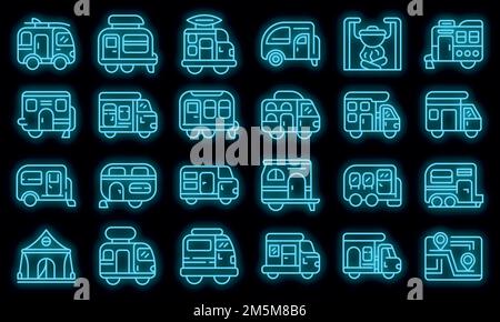 Set di icone campeggio automatico. Contorno insieme di icone vettoriali auto campeggio colore neon su nero Illustrazione Vettoriale