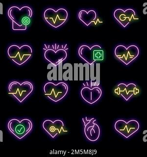 Set di icone del cuore sano. Contorno insieme di icone vettoriali del cuore sano colore neon su nero Illustrazione Vettoriale