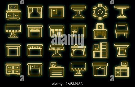 Icone tabella impostate. Contorno insieme di icone vettoriali tabella colore neon su nero Illustrazione Vettoriale