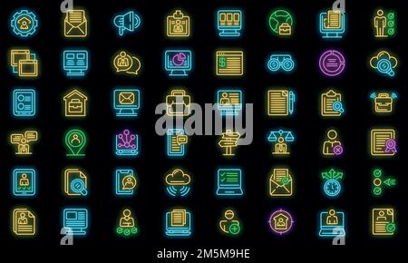 Set di icone per la ricerca di lavori online. Contorno insieme di icone vettoriali per la ricerca di lavori online colore neon su nero Illustrazione Vettoriale