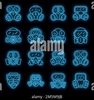 Icone della maschera gas impostate. Contorno insieme di icone vettoriali maschera gas colore neon su nero Illustrazione Vettoriale