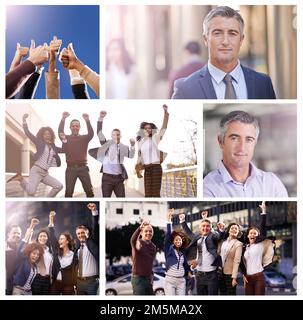 Portare il loro business per la strada. Immagine composita di uomini d'affari in diversi ambienti. Foto Stock