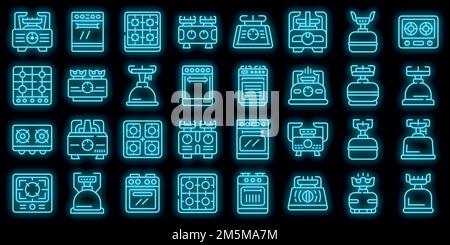 Fuoco gas stufa icone set. Contorno set di fuoco gas stufa vettore icone colore neon su nero Illustrazione Vettoriale