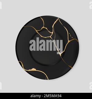 Piatto nero con kintsugi in oro. Effetti di rottura e rottura. Restauro di ceramica rotta. Texture marmo. Illustrazione vettoriale moderna. Arte giapponese di Illustrazione Vettoriale