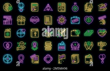 Set di icone benefiche. Contorno set di beneficenza dando icone vettoriali colore neon nero Illustrazione Vettoriale