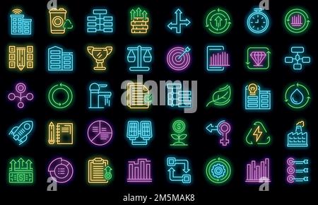 Set di icone per lo sviluppo sostenibile. Schema set di icone vettoriali di sviluppo sostenibile colore neon nero Illustrazione Vettoriale