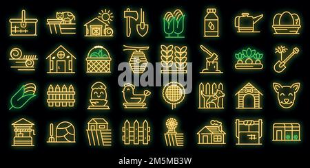 Icone del villaggio impostate. Contorno set di icone vettoriali villaggio colore neon nero Illustrazione Vettoriale