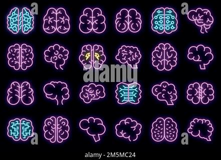 Icone del cervello umano impostate. Contorno insieme di icone vettoriali del cervello umano colore al neon nero Illustrazione Vettoriale