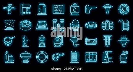Attrezzatura per il set di icone del pool. Schema set di apparecchiature per icone vettoriali di pool colore neon nero Illustrazione Vettoriale