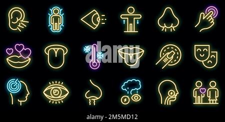 Rileva le icone impostate. Contorno insieme di icone vettoriali dei sensi colore al neon nero Illustrazione Vettoriale