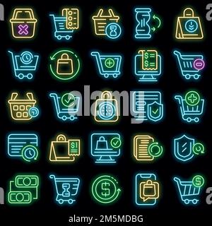 Icone della cronologia acquisti impostate. Contorno insieme di icone vettoriali storia di acquisto colore neon nero Illustrazione Vettoriale