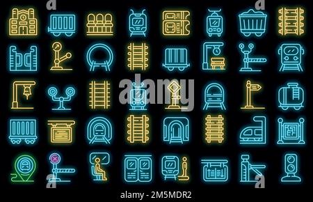 Icone della piattaforma ferroviaria impostate. Contorno set di icone vettoriali piattaforma ferroviaria colore neon nero Illustrazione Vettoriale