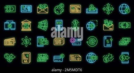 Icone di trasferimento di denaro impostate. Contorno set di icone vettoriali di trasferimento di denaro colore neon nero Illustrazione Vettoriale