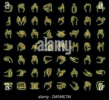 Icone dei gesti delle mani impostate. Contorno insieme di gesti delle mani icone vettoriali colore neon nero Illustrazione Vettoriale