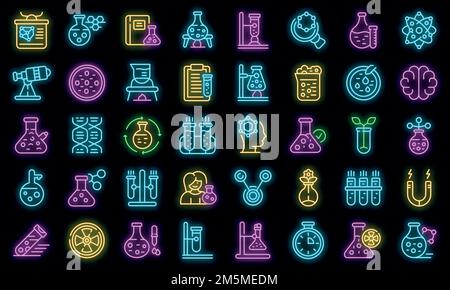 Icone di ricerca scientist impostate. Contorno set di icone vettoriali dello scienziato di ricerca colore neon nero Illustrazione Vettoriale