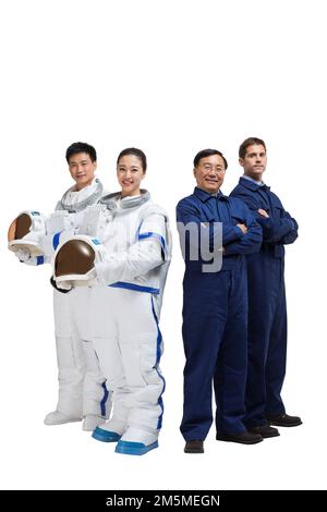 Fotografa astronauti maschi e squadra di ingegneri Foto Stock