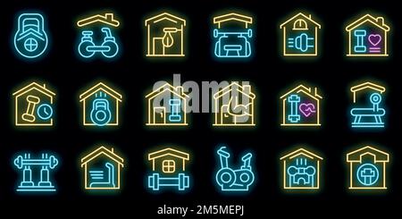 Home palestra icone set. Contorno set di home gym icone vettoriali colore neon nero Illustrazione Vettoriale