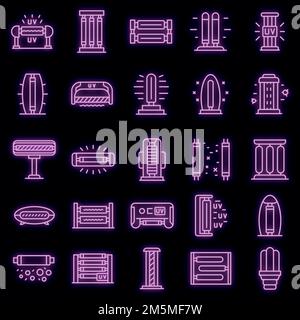 Set di icone della lampada UV. Contorno set di icone vettoriali della lampada UV colore neon nero Illustrazione Vettoriale