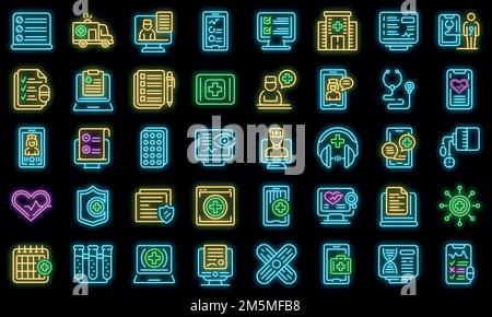 Icone di consultazione medica online impostate. Contorno set di consultazione medica online icone vettoriali colore neon nero Illustrazione Vettoriale