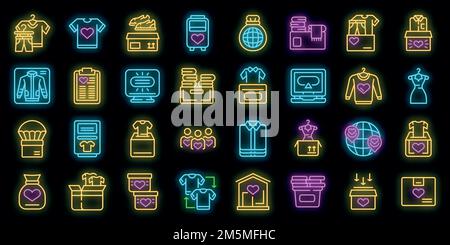Set di icone per la donazione di abiti. Contorno set di abiti donare icone vettoriali neon colore nero Illustrazione Vettoriale