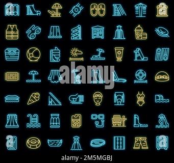 Icone del parco acquatico impostate. Contorno set di icone vettoriali del parco acquatico colore neon nero Illustrazione Vettoriale