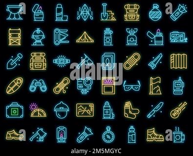 Attrezzatura per l'escursione icone set. Schema set di attrezzature per icone vettoriali di escursione colore neon nero Illustrazione Vettoriale