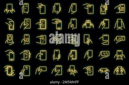 Le icone del telefono di tenuta a mano impostano il vettore di contorno. Chat mobile. Neon Messenger per smartphone Illustrazione Vettoriale