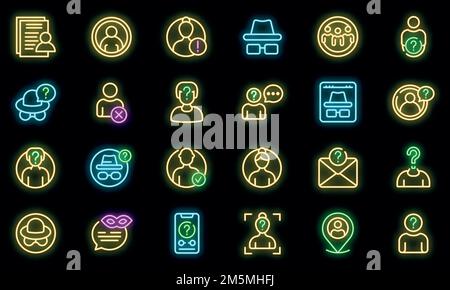 Icone anonime impostate. Contorno insieme di icone anonime vettoriali colore neon nero Illustrazione Vettoriale