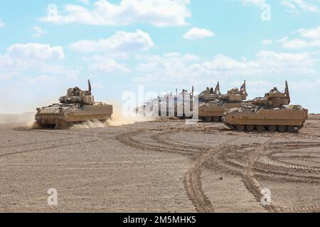 STATI UNITI Soldati assegnati a 2nd Platoon, Alpha Company, 1/163rd Combined Arms Battalion, azionano veicoli da combattimento Bradley M2A3 durante un'esercitazione di fuoco in Siria dal vivo il prossimo marzo. 25, 2022. Gli esercizi di fuoco dal vivo offrono alle forze democratiche siriane e ai partner della Coalizione l'opportunità di simulare il realismo di combattimento in un ambiente controllato. Foto Stock