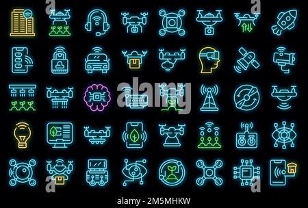 Icone della tecnologia drone impostate. Contorno set di icone vettoriali tecnologia droni colore neon nero Illustrazione Vettoriale